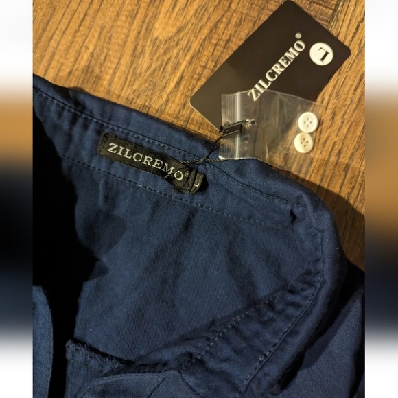 NEW Zilcremo Womens Navy SHIRT DRESS Lrg Solid Blue Collared Button Long Sleeve - Picture 3 of 15